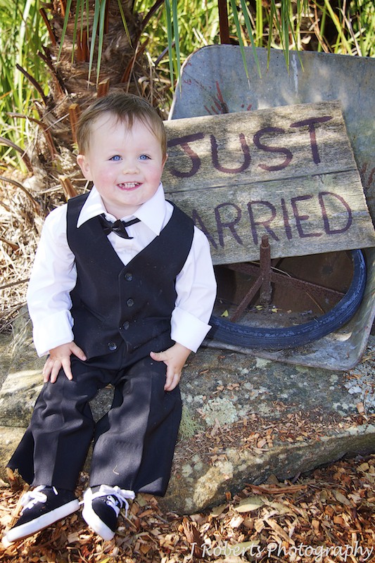 Little boy with just married sign - wedding photography sydney